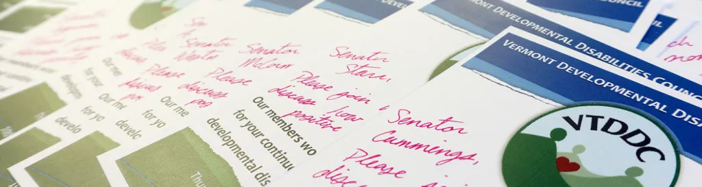 A photo of hand-written invitations to Vermont Senators.