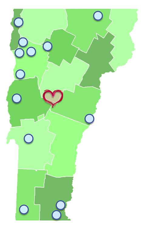 A map of Vermont's counties with plot-points to represent towns represented by Council Members.