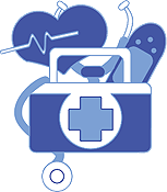 An icon of a bag with a "health" symbol on it. A bandaid, heart, and stethoscope are inside.
