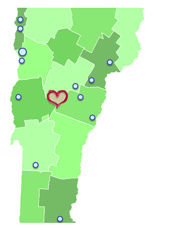 An illustration of Vermont with circle's to mark where each member is in the state.
