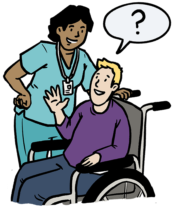 An illustration of a man in a wheelchair speaking with a medical practioner.