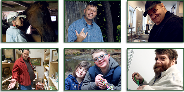 Six thumbnails of different individuals in the developmental disability community pose in different locations.