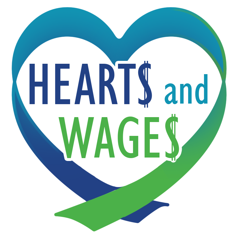 A ribbon shaped like a heart surrounds the words "hearts" and "wages."